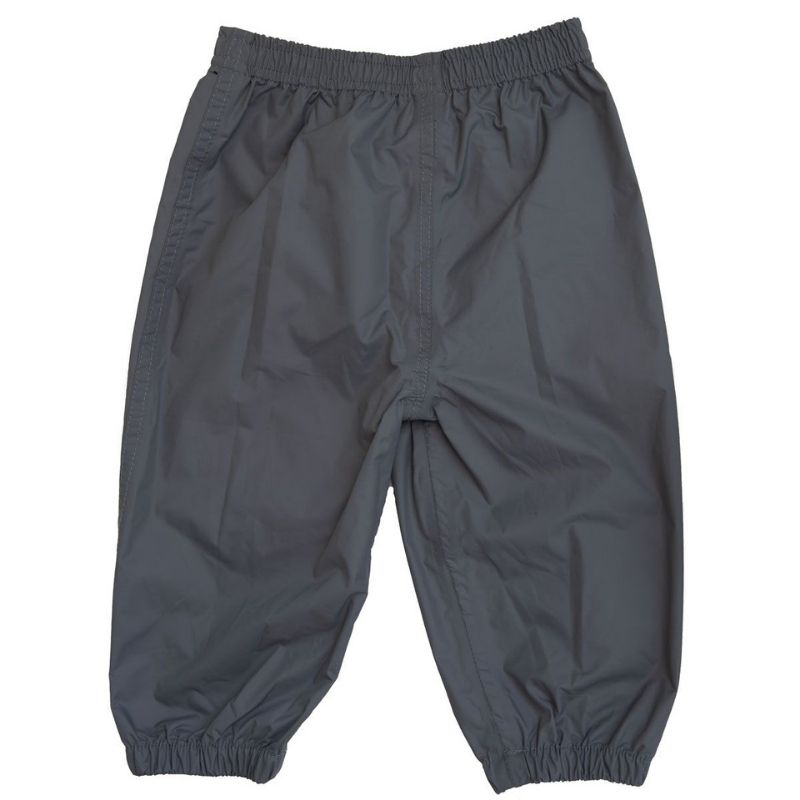 Children’s grey rain pants with elastic waistband and cuffs, waterproof kids clothing