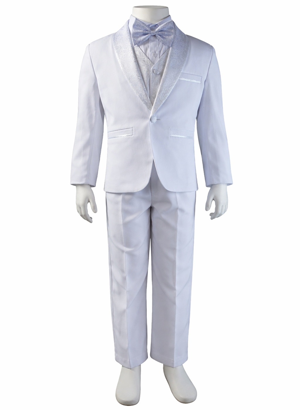 Boys white formal suit with bow tie and vest displayed on a mannequin, ideal for special occasions.