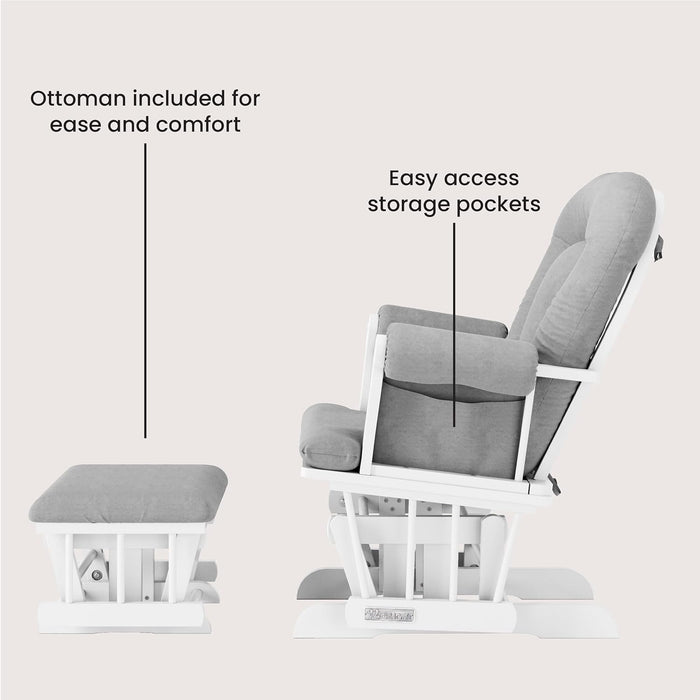 Child Craft Cozy Glider Chair Profil View - Ottoman included - Easy access storage pockets