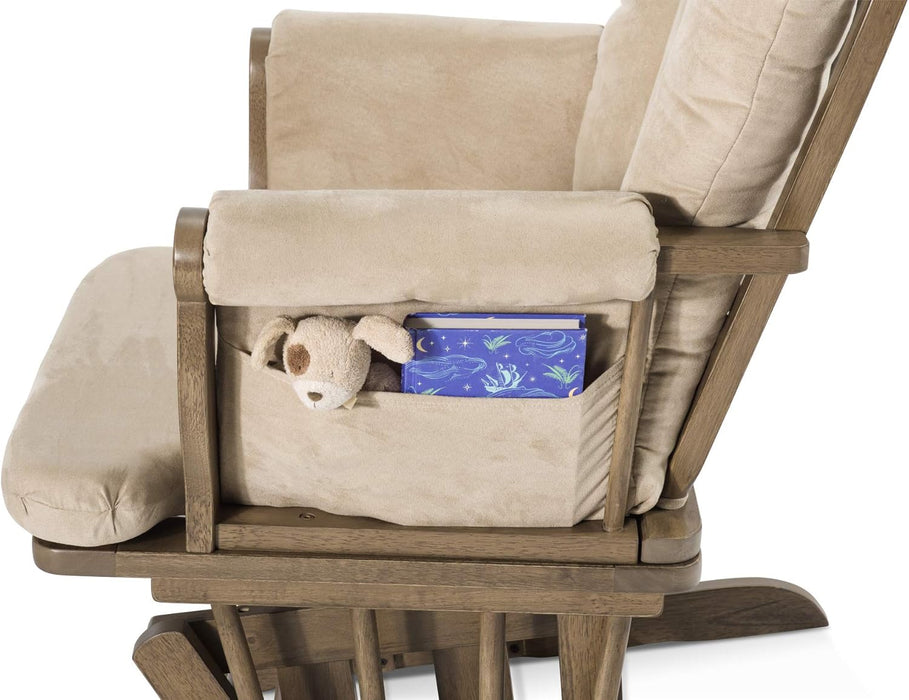 Child Craft Cozy Glider Chair Dusty Heather/Beige storage pocket