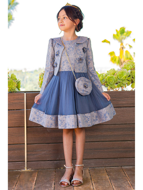 Cinderella Couture® Filles Robe 3 pièces avec veste et sac à bandoulière en jacquard Lala et Erina | 2 à 12 ans
