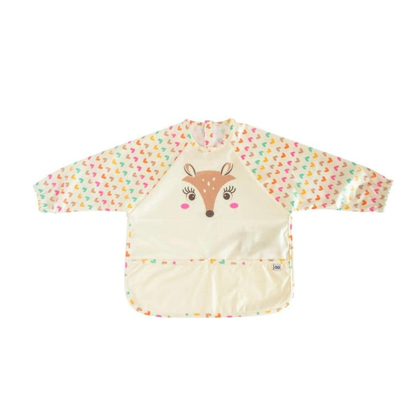 Baby sleeved bib with colorful heart pattern and cute deer face design, waterproof, long sleeves