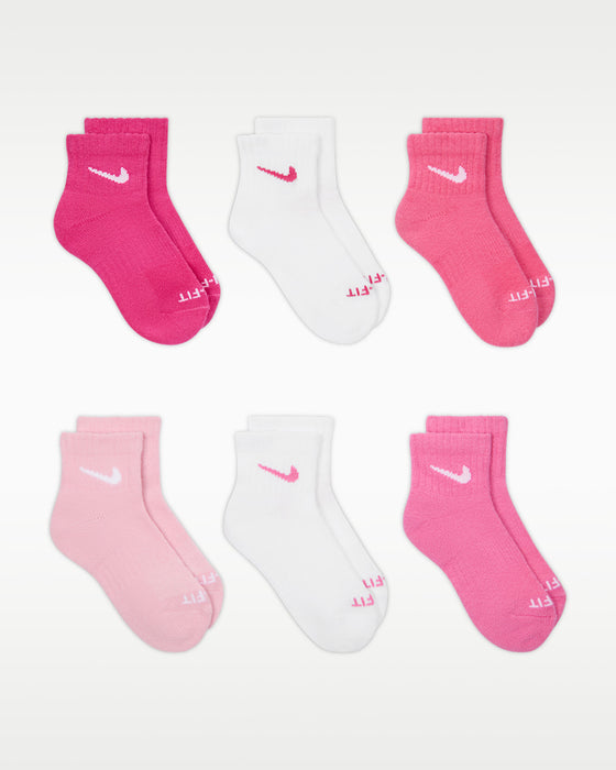 Nike kids' quarter socks six-pack in pink and white, arranged flat on a white background.