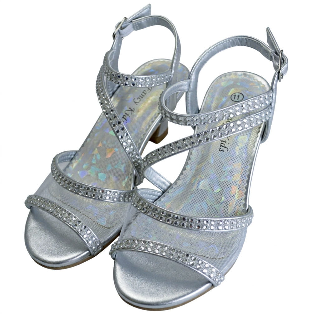 DM35 rhinestone fancy sandals silver with sparkling straps displayed on a white background.