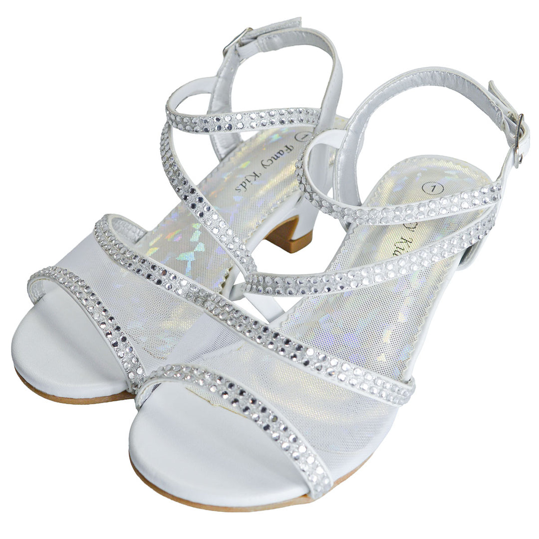 DM35 rhinestone fancy sandals in white with strappy design and mid heels displayed on white background.