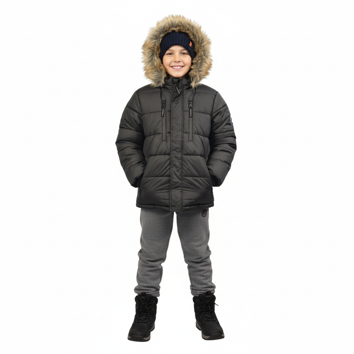 Manteau d’hiver garçon Minoti Noir avec capuchon en fausse fourrure – Tailles 2 à 14