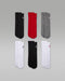 Jordan Essentials 6-pack crew socks in black, red, grey, and white, displayed on a flat surface.