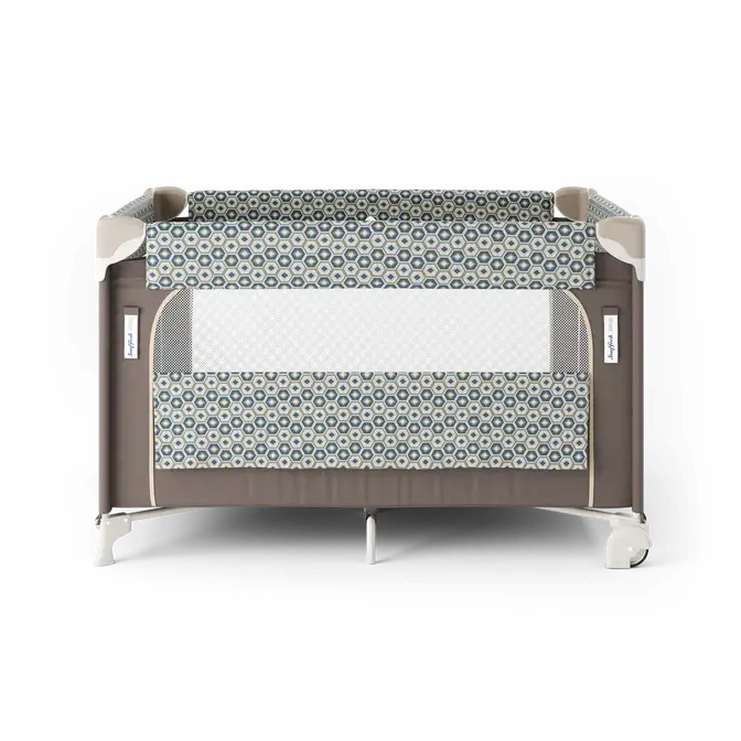 Geometric pattern portable play yard with mesh sides and neutral frame, baby sleep and playpen