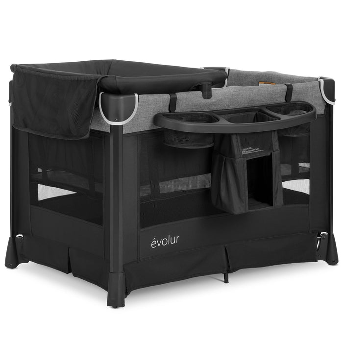Black baby playard with mesh sides, storage compartments, and changing station