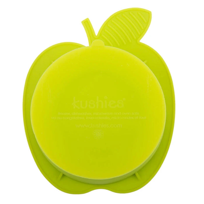 Bright green silicone baby bowl with apple-shaped base and leaf design, top view