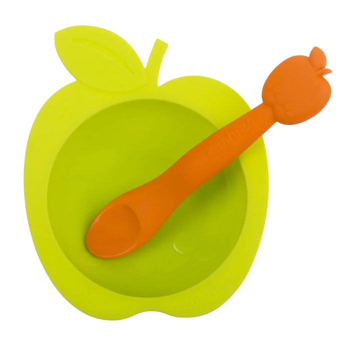 Apple-shaped green silicone baby bowl with matching orange silicone spoon