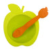 Apple-shaped green silicone baby bowl with matching orange silicone spoon
