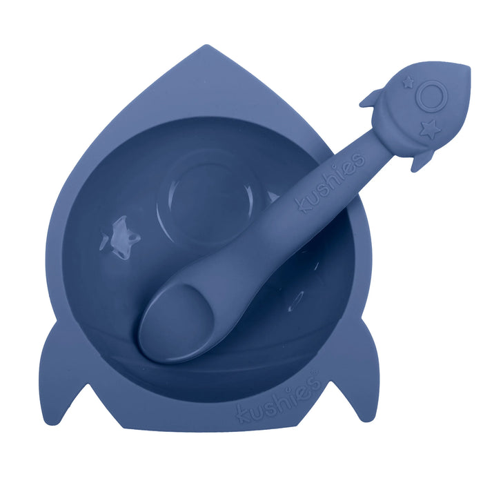 Blue silicone rocket-shaped baby bowl with matching spoon