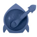 Blue silicone rocket-shaped baby bowl with matching spoon
