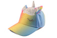 Kids UPF50 3D unicorn hat with pastel rainbow colors, unicorn horn, and ear details shown on white background.