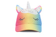 Kids UPF50 3D unicorn hat with rainbow colors, ears, and horn shown on a plain white background.
