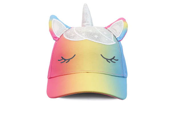 Kids UPF50 3D unicorn hat with rainbow colors, ears, and horn shown on a plain white background.