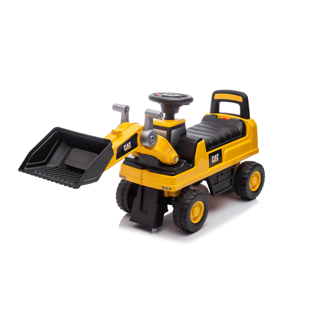 CAT kids ride-on yellow bulldozer toy with working front loader shown on a white background.