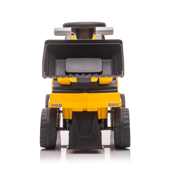 Yellow toy dump truck for kids shown from the front on a white background.
