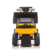 Yellow toy dump truck for kids shown from the front on a white background.