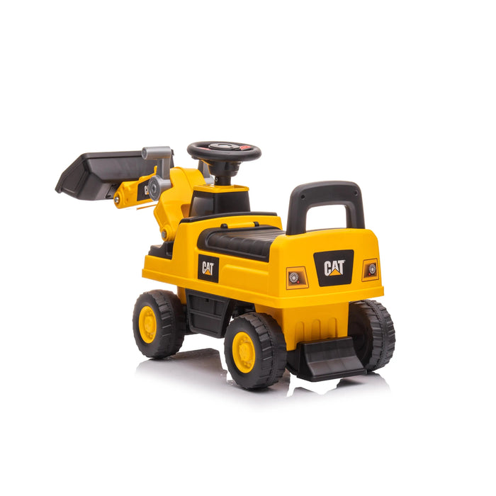 CAT yellow ride-on toy excavator for kids with front loader, shown on a white background.