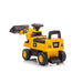CAT yellow ride-on toy excavator for kids with front loader, shown on a white background.