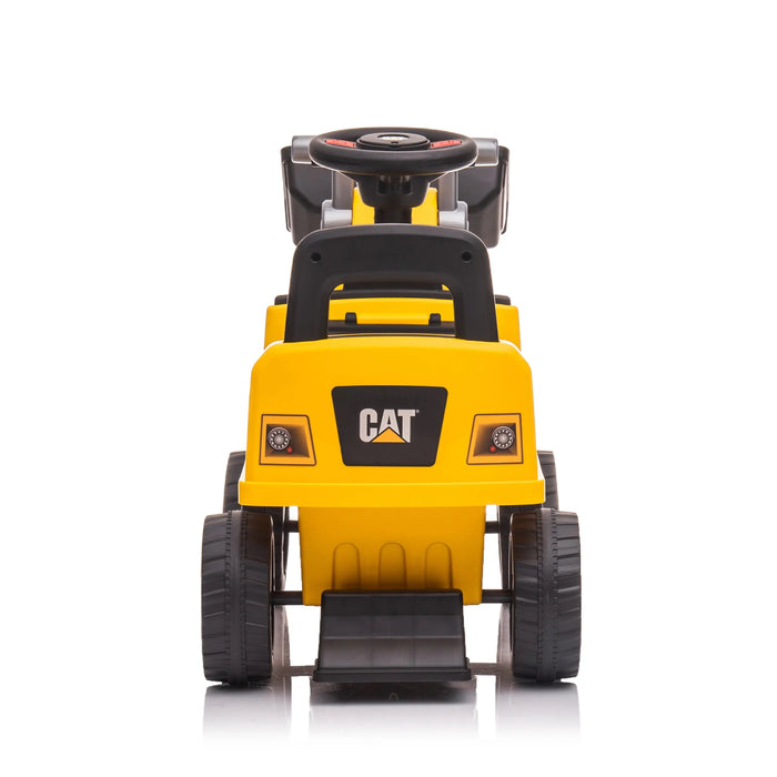 CAT ride-on yellow toy bulldozer shown from the front on a white background.
