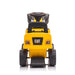 CAT ride-on yellow toy bulldozer shown from the front on a white background.