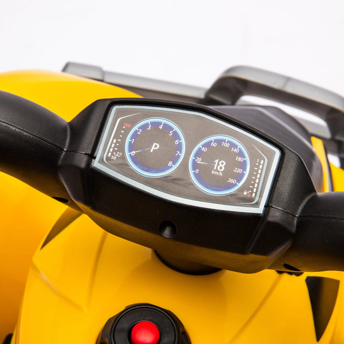 Kids ride-on toy car dashboard with speedometer and buttons in close-up view