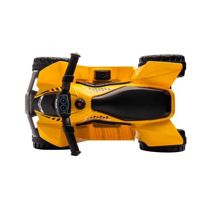 Kids yellow ride-on toy ATV shown from above on a white background.