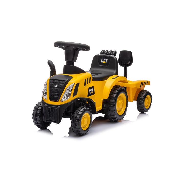 CAT ride-on toy tractor with yellow and black design shown on a white background.