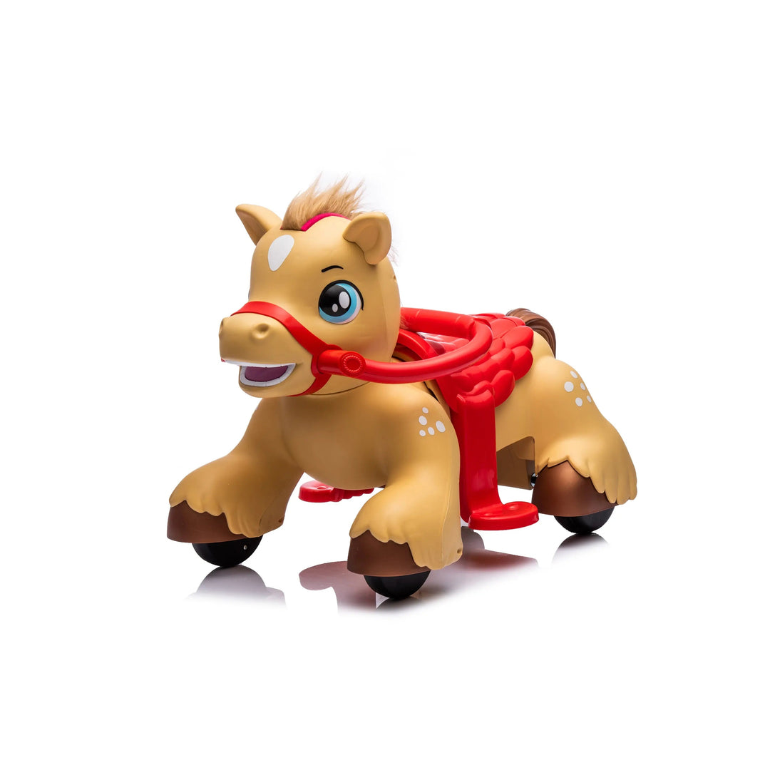 Plastic horse ride-on toy for toddlers with red handle and wheels, shown on white background.