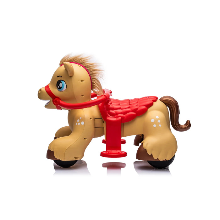 Children's ride-on horse toy in tan and red, shown in profile on a white background.