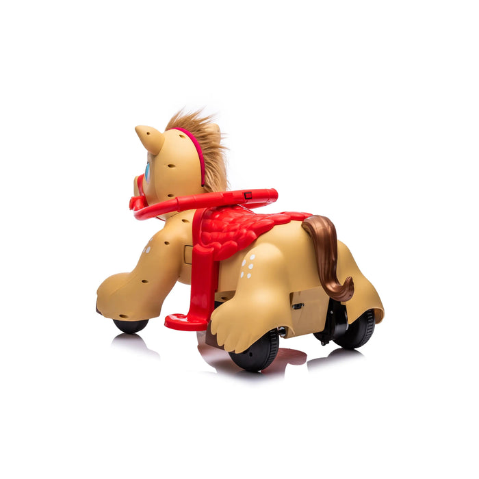 Kids ride-on toy horse with red saddle and wheels, shown on a white background.