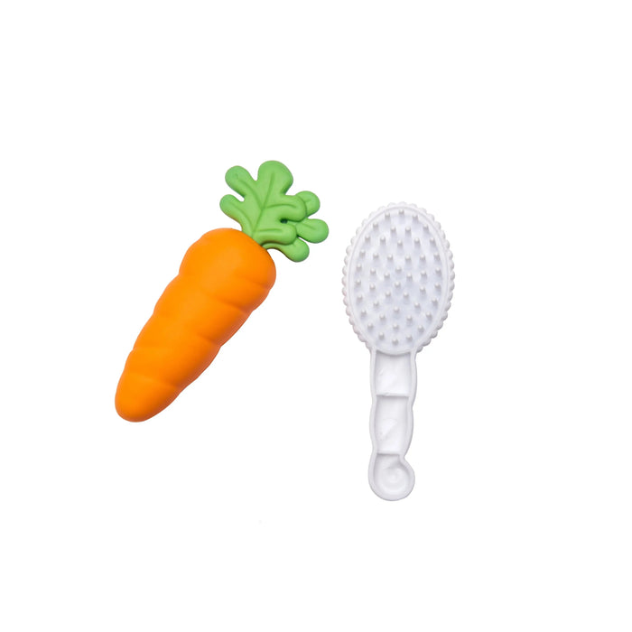 Baby carrot-shaped teether and white brush set shown on a white background.