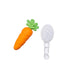 Baby carrot-shaped teether and white brush set shown on a white background.