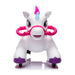 Unicorn ride-on toy for kids with pink handles and wheels, shown from the front on a white background.