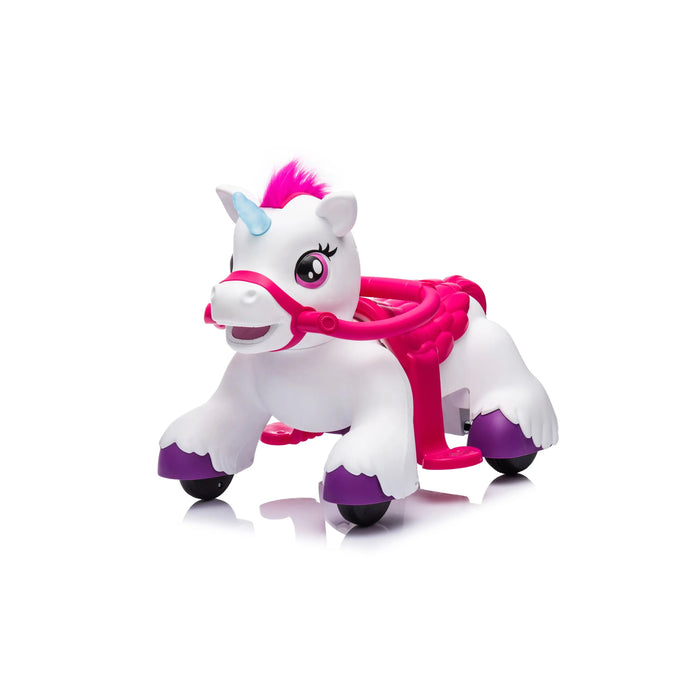 Unicorn ride-on toy walker in white and pink, shown on a plain white background.