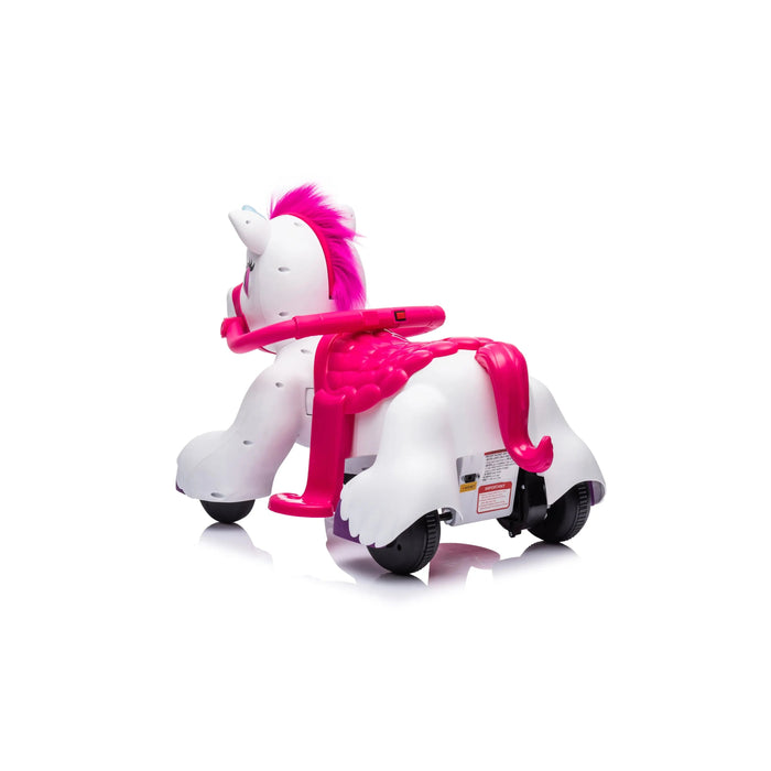 UNICORN ride-on toy with pink mane and handlebar shown on a white background.