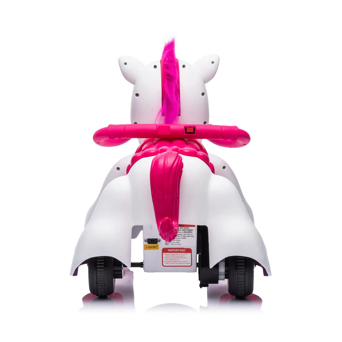 UNICORN ride-on toy shown from the back with pink mane and tail, on a white background.