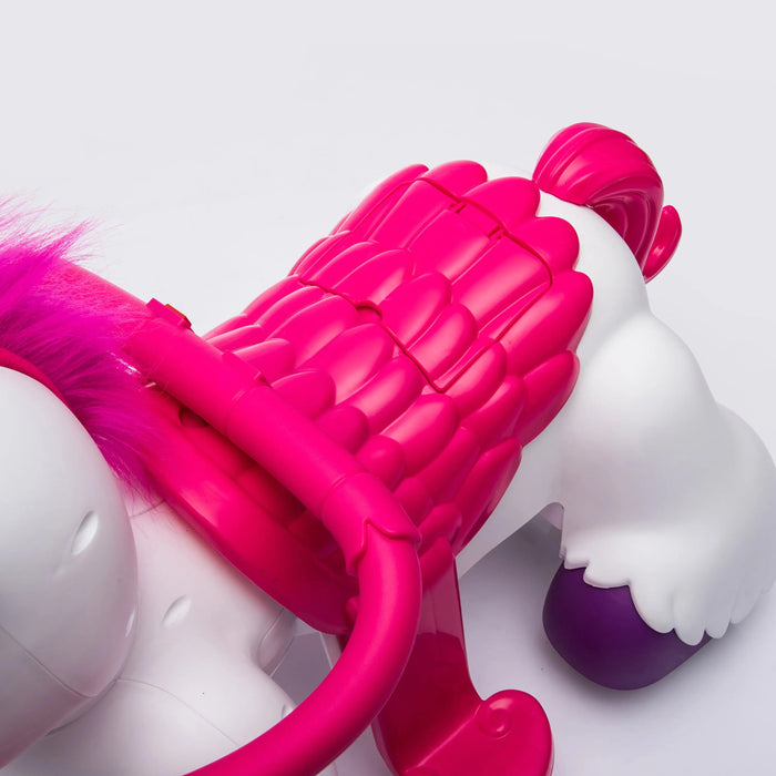 Unicorn ride-on toy with bright pink saddle and mane, shown on a plain white background.
