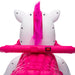 Unicorn ride-on toy with white head, pink mane, and bright pink handlebar viewed from behind.