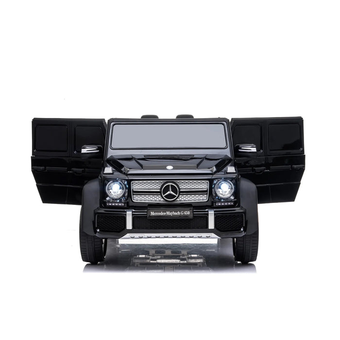 Mercedes-Maybach G 650 toy car in black shown from the front with both doors open on white background.