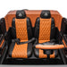 FR8913 kids ride-on car shows two orange and black seats with seat belts and a matching steering wheel.