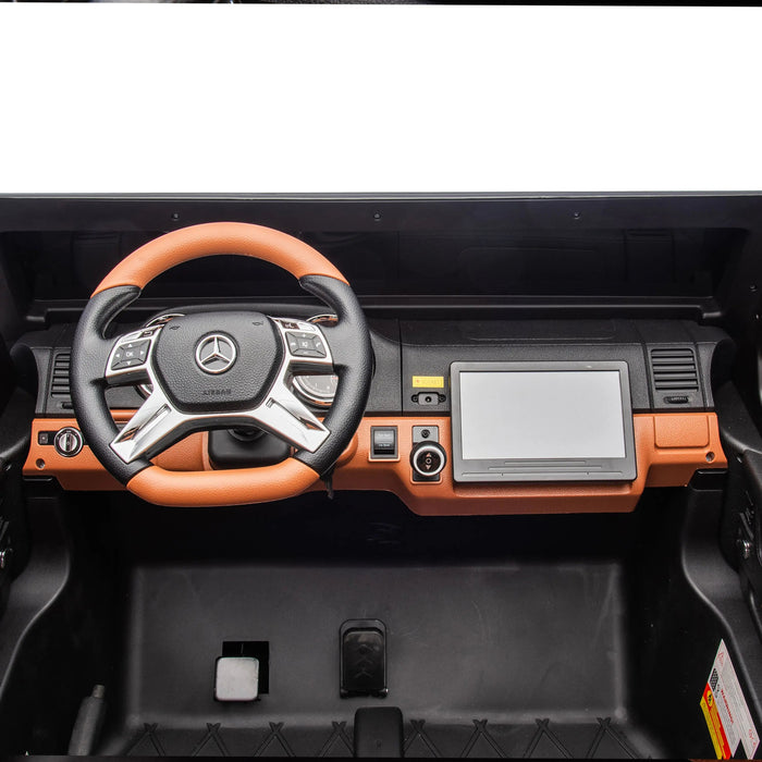 FR8913-BLACK kids ride-on car dashboard featuring a steering wheel and touchscreen panel.