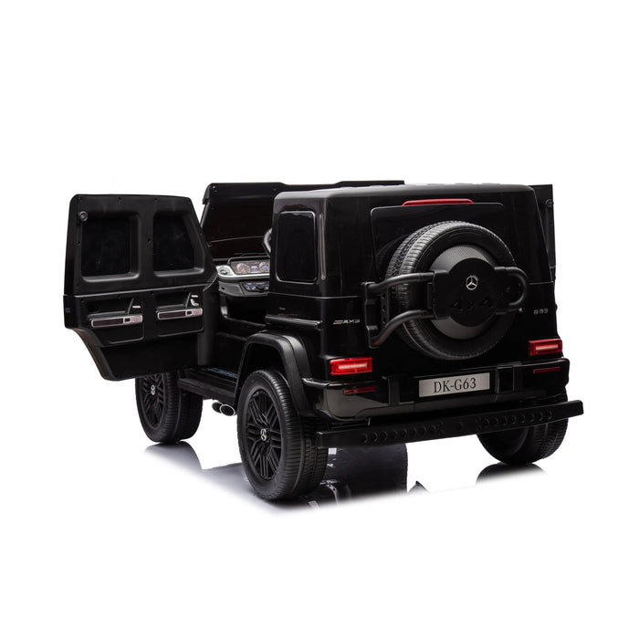 Kids Mercedes-AMG G63 ride-on car in black, shown from the rear with doors open on a white background.