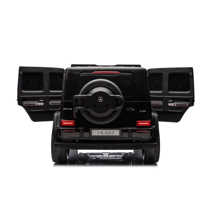 Black ride-on toy car G63 with rear doors open, shown from the back on a white background.
