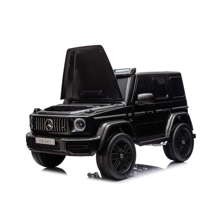 Kids black Mercedes-Benz ride-on toy car with open hood on a white background.