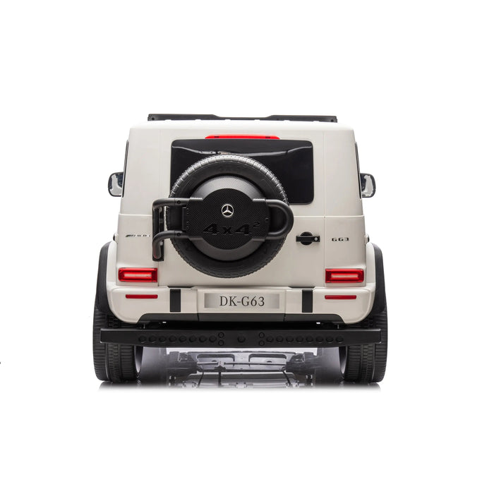 White DK-G63 kids ride-on car shown from the rear, highlighting spare tire and details.
