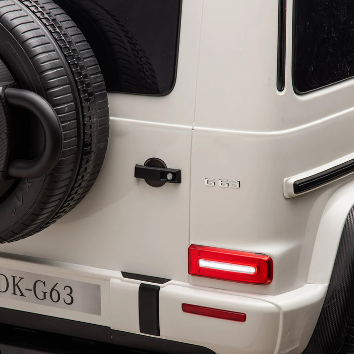G63 white toy car rear view showing spare tire, door handle, and taillight detail.